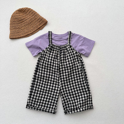 New Arrival Summer Baby Kids Girls Black Plaid Cotton Overalls