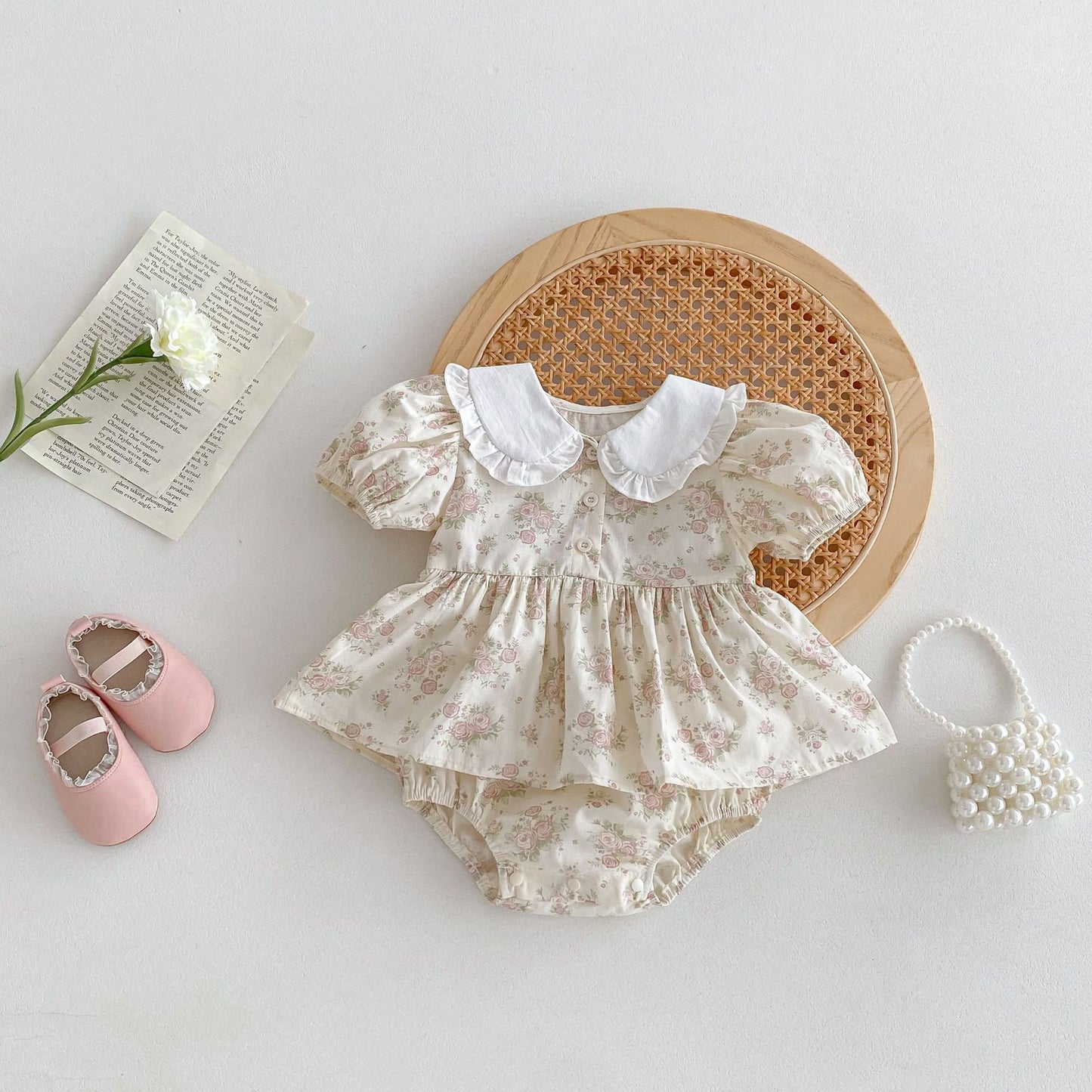 Summer New Arrival Baby Girls Short Sleeves Flowers Pattern Peter Pan Collar Onesies Dress