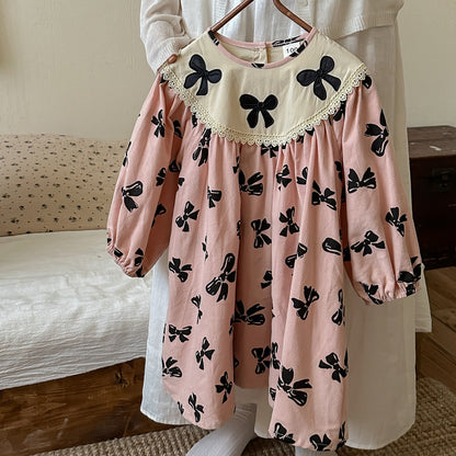 Arrival Autumn Girls Butterfly-bows Pattern Long Sleeves Dress with Embroidery Collar