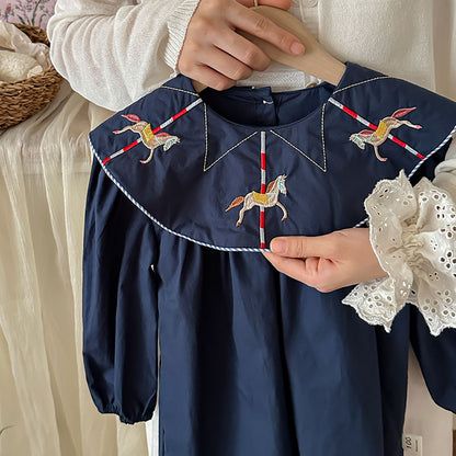 Preppy Style Autumn Girls Horse Embroidery Collar Long Sleeves Dress