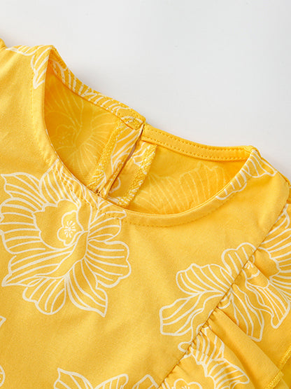 Summer New Arrival Girls’ Flowers Pattern Fly Sleeves Crew Neck Yellow Dress