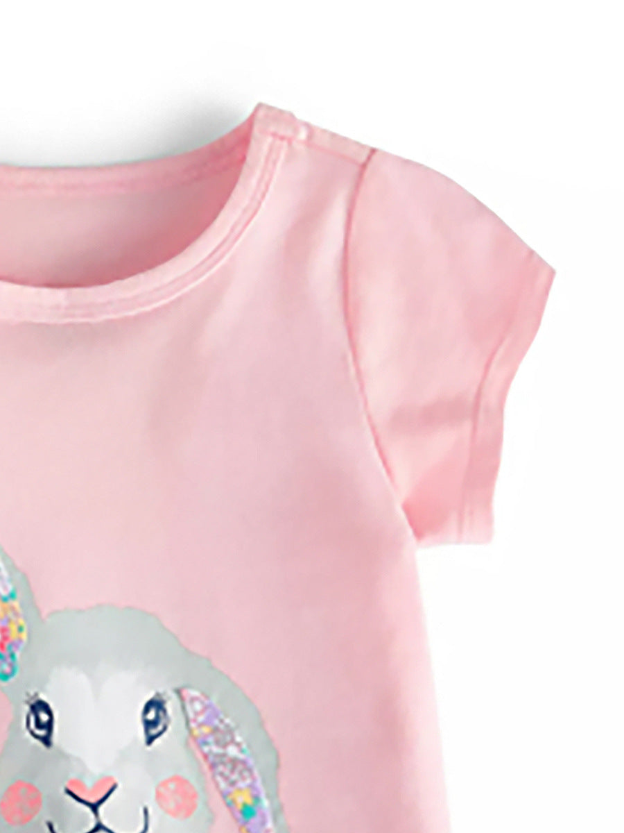 Crew Neck Rabbit Cartoon Pattern Girls’ T-Shirt In European And American Style For Summer