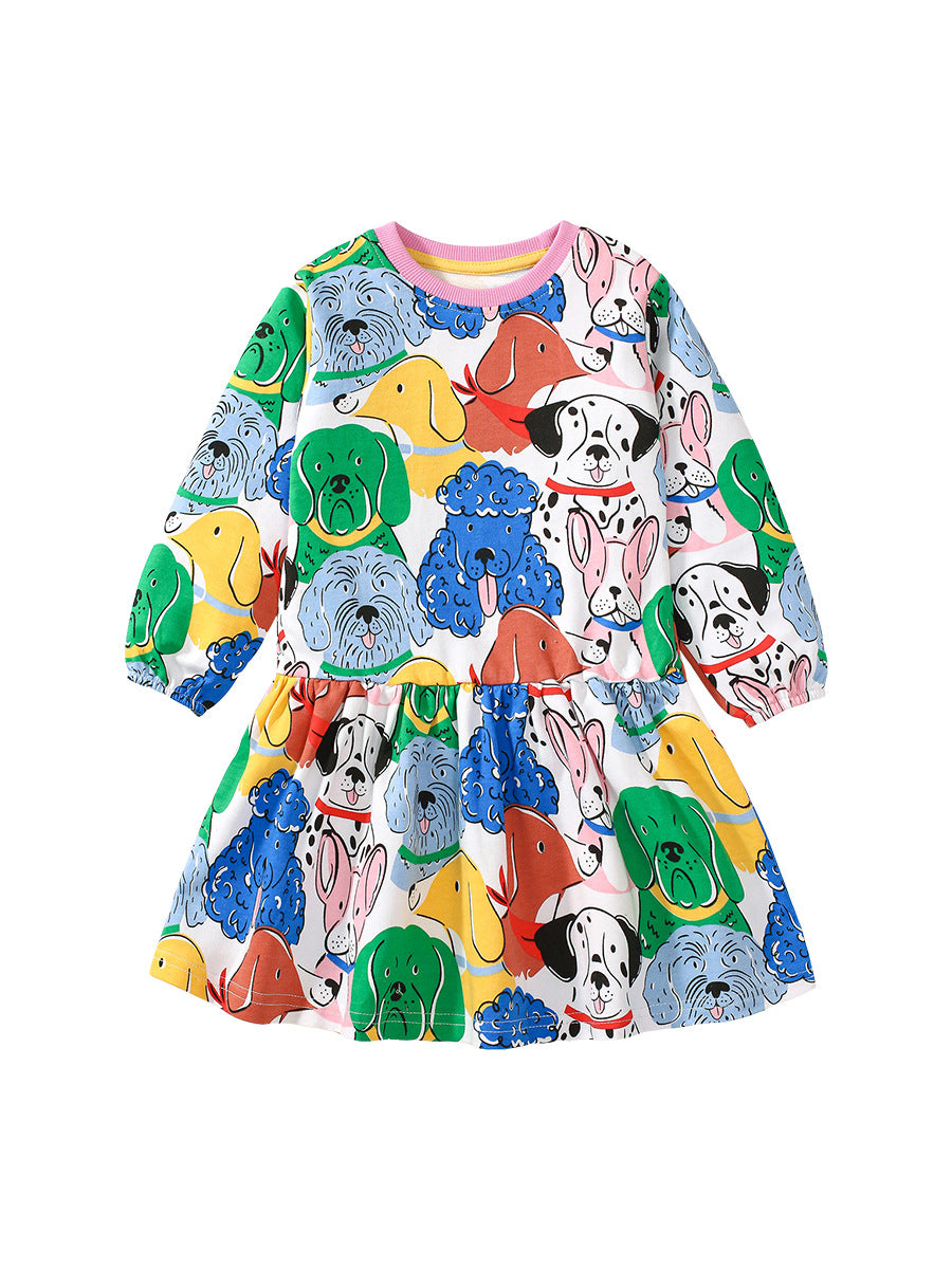 Nuevo diseño de vestido con estampado de perros coloridos y vivos para niñas de otoño 