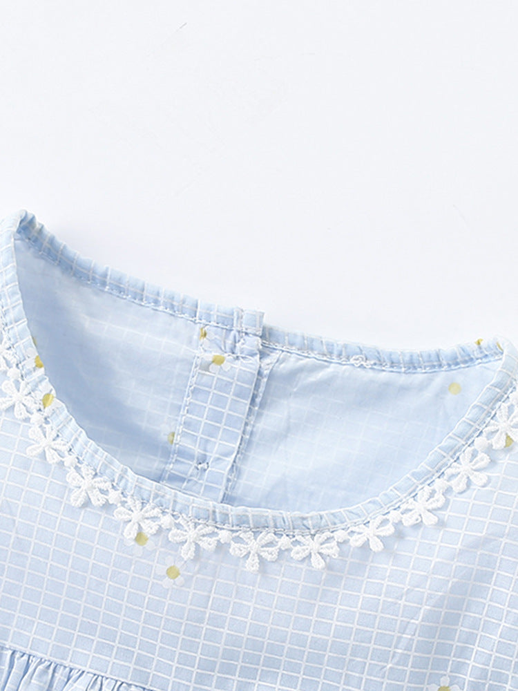 Summer New Arrival Girls’ Simple Plaid Short Sleeves Light Blue Dress