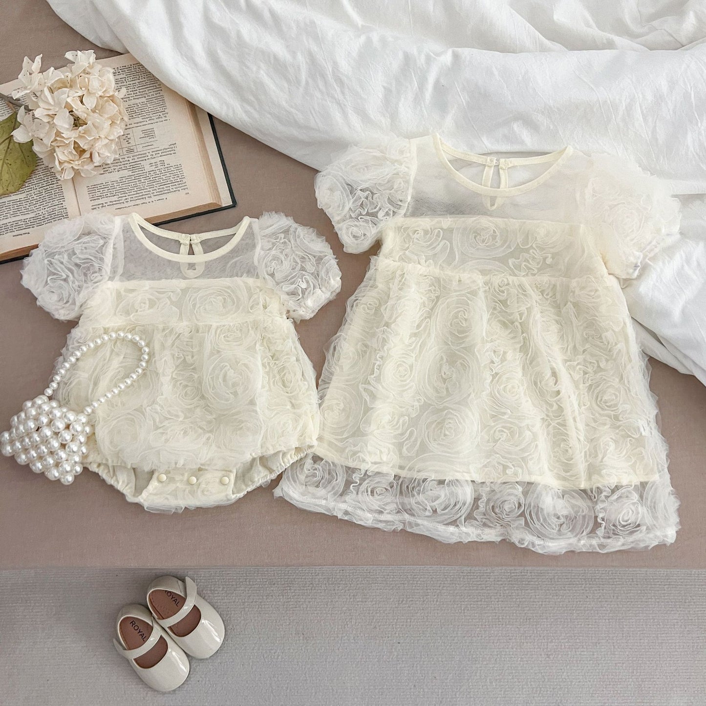 Summer Baby Kids Girls Flowers Pattern Mesh Short Sleeves Crew Neck Thin Onesies And Girls’ Dress – Princess Sister Matching Set