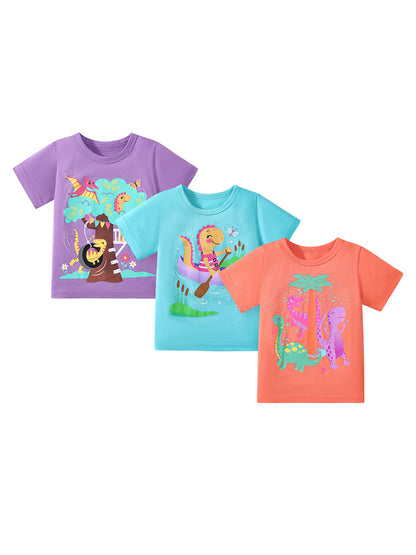 Girls’ Dinosaurs Cartoon Pattern Short Sleeves T-shirt in European and American Style for Summer