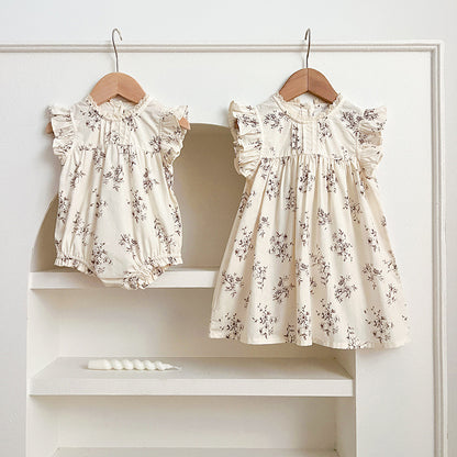 Conjunto de verano para niñas y bebés con estampado floral de enredaderas, sin mangas, cuello redondo y vestido para niñas: conjunto a juego de princesa y hermana 