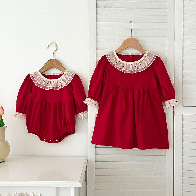 Conjunto de pijama y vestido de manga larga con cuello y estampado de lunares para niñas y bebés de otoño – Conjunto a juego de princesa y hermana 