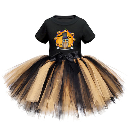 Arrival Girls’ Halloween Costume: Short Sleeves Cartoon Print Witches Cosplay Party Tulle Patchwork Dress