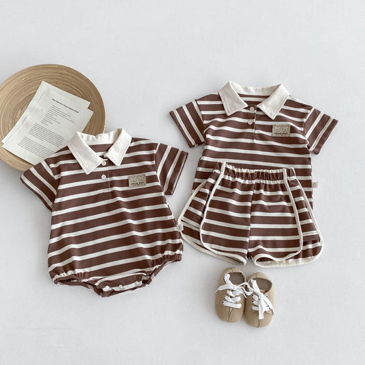 Summer New Arrival Baby Kids Unisex Casual Simple Striped Short Sleeves Top Polo Shirt And Shorts, Clothing Set And Onesies