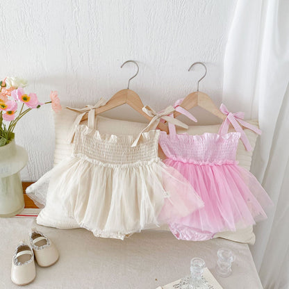 Summer New Arrival Baby Girls Sleeveless Solid Color Pleated Strap Tulle Onesies Dress