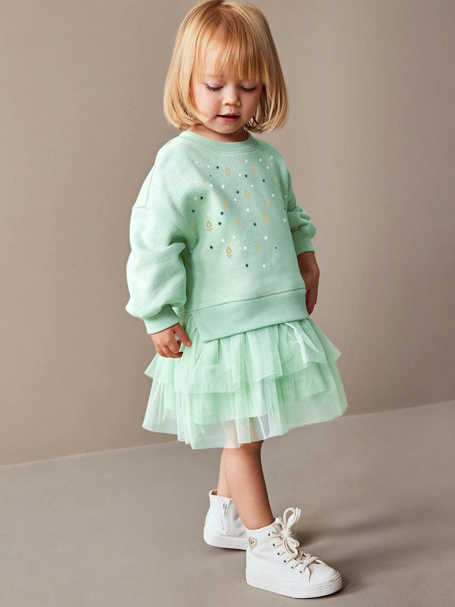 New Design Autumn Girls Geometric Print Crew Neck Long Sleeves Green Tulle Patchwork Princess Dress