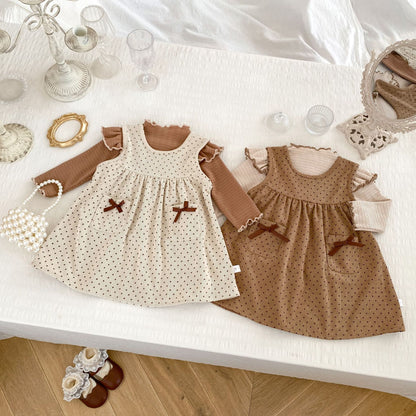 Autumn Baby Girls Long Sleeves Simple Knitted Top and Dots Pattern Sleeveless Dress – Clothing Set