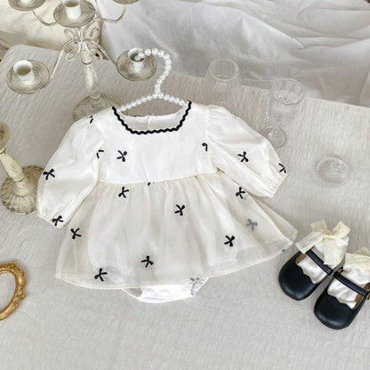 Autumn Bows Pattern Embroidery Design Long Sleeve Square Neck Onesies Dress for Girls