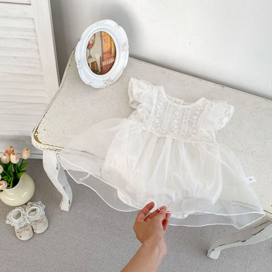 Vestido de verano para niñas pequeñas, con cuello redondo, mangas cortas y bordado de flores, color blanco 