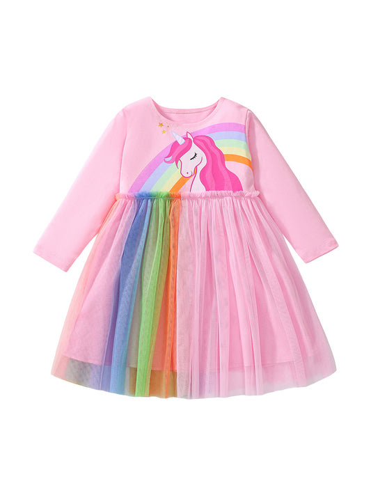 Design Autumn Girls Unicorn Cartoon Pattern Crew Neck Long Sleeves Rainbow Colorful Tulle Patchwork Dress