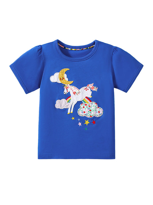 Kids’ Unicorn Cartoon Pattern Short Sleeves T-shirt in European and American Style for Summer