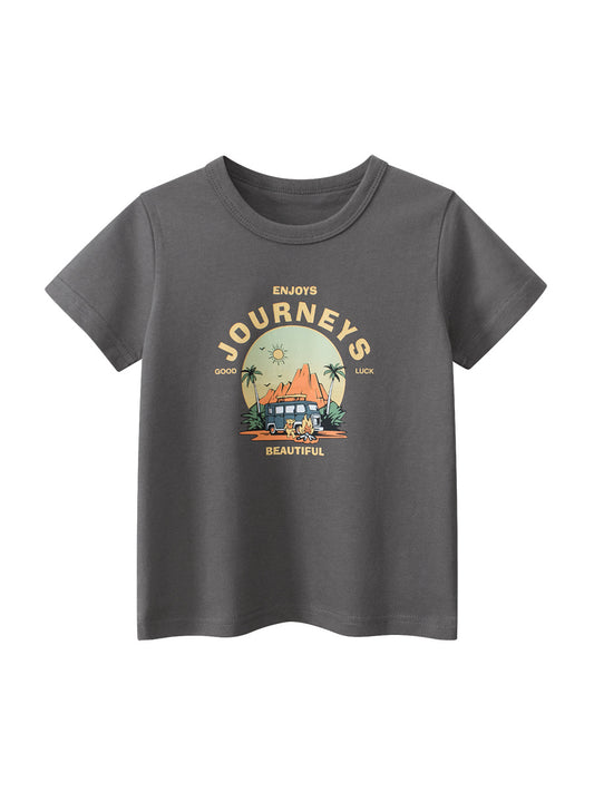 Boys’ Cartoon Scenery and Letters Print T-shirt in European and American Style