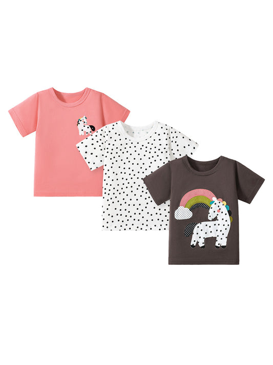 Girls’ Dots Cartoon Pattern Short Sleeves T-shirt in European and American Style for Summer