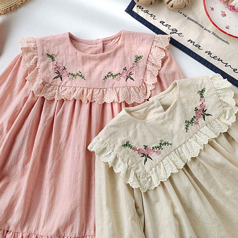 Vestido de manga larga con bordados de flores vintage para niñas de otoño 