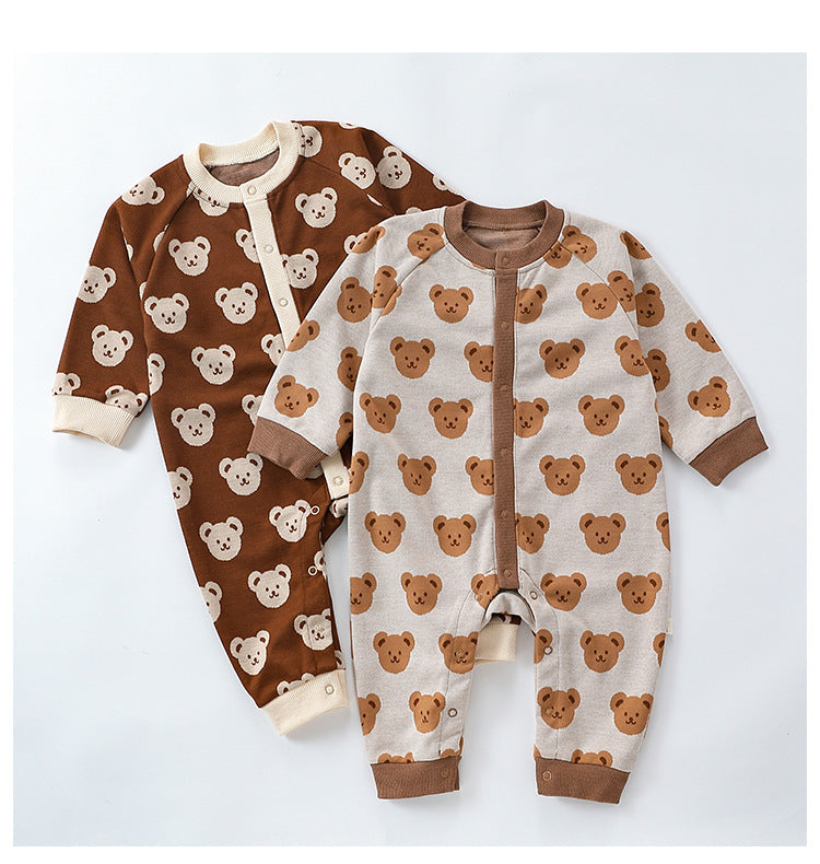 Autumn and Spring New Arrival Baby Unisex Teddy Bear Pattern Long Sleeves Crew Neck Rompers