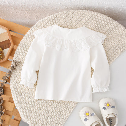 Autumn New Arrival Girls Peter Pan Collar Short Sleeves Solid Color Floral Pattern Embroidery Top Shirt