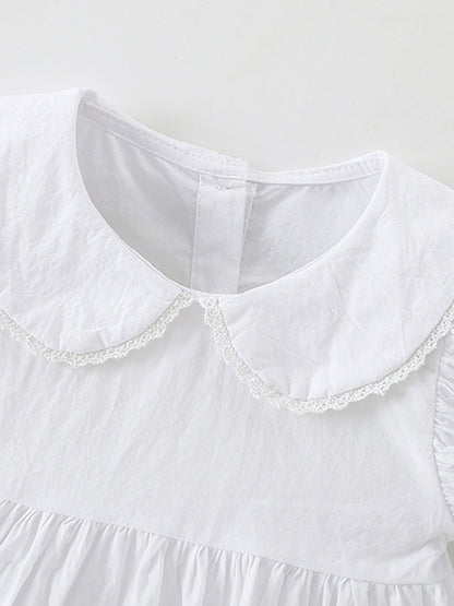 Summer New Arrival Baby Kids Girls Short Sleeves Solid Color Peter Pan Collar White Dress Design T-Shirt