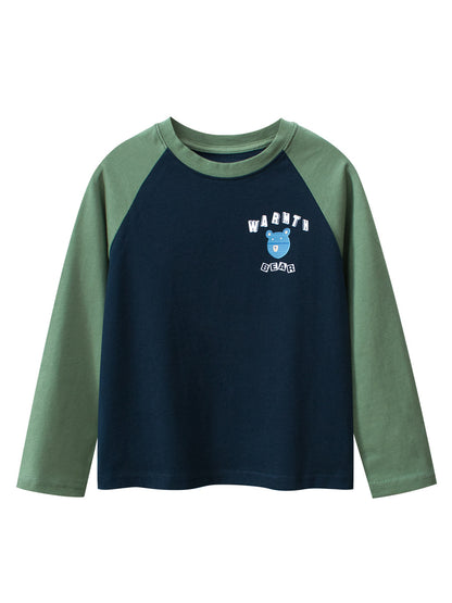 Autumn New Arrival Kids Cartoon Print Crew Neck Long Sleeves Color Patchwork Shirt