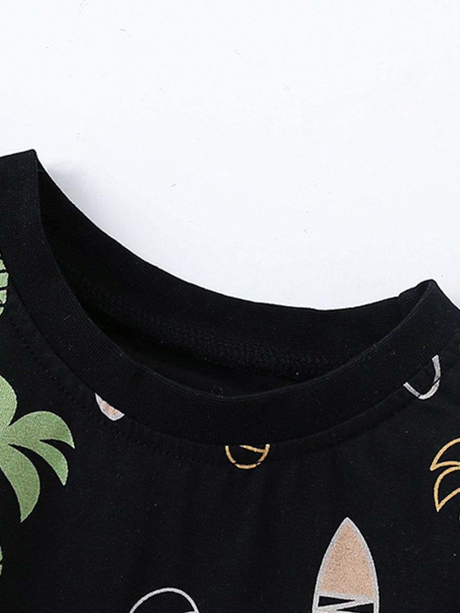 Summer Baby Kids Unisex Tropical Coconut Tree Pattern Short Sleeves T-Shirt And Solid Color Shorts Casual Clothing Set