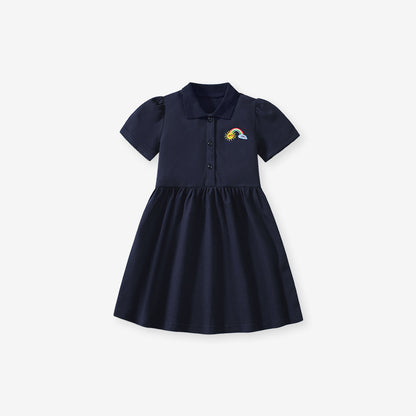 Summer Polo Style Dress for Girls, European and American Cute Rainbow Embroidery Pattern Dress