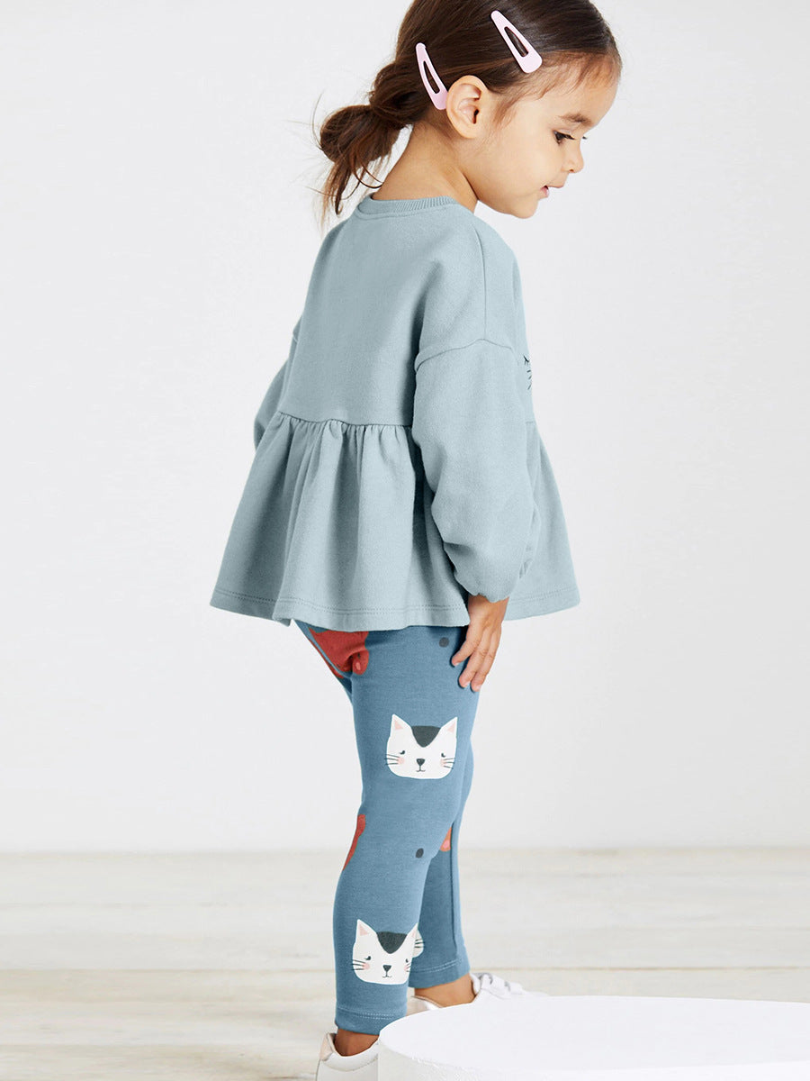 Spring And Autumn Girls Cartoon Cats Pattern Long Sleeves Crew Neck Top Dress And Pants Clothing Set