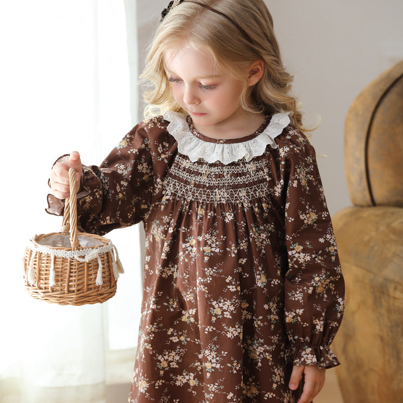 Arrival Autumn Girls Vintage Ruffle Collar Long Sleeves Floral Pattern Dress