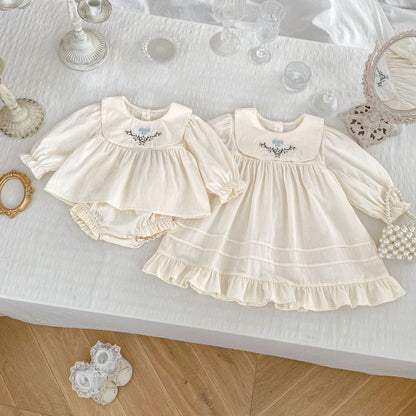 Arrival Autumn Baby Girls Long Sleeves Simple Embroidered Top and Bloomers Clothing Set / Dress