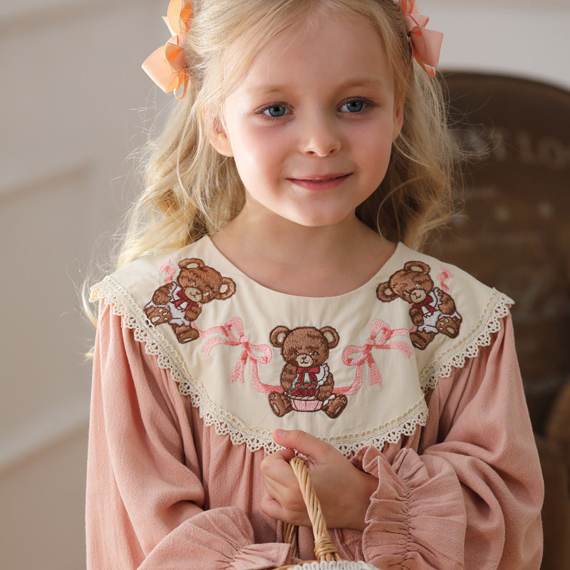 Arrival Autumn Girls Pink Long Sleeves Dress with Teddy Embroidery Collar