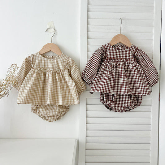 Autumn Hot Selling Baby Girls Long Sleeves Plaid Top Dress And Bloomer Clothing Set