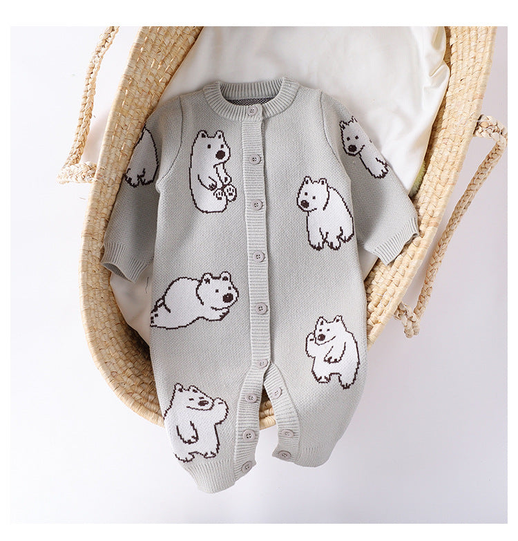 Autumn and Winter New Arrival Baby Unisex Simple Polar Bear Pattern Long Sleeves Knitted Rompers