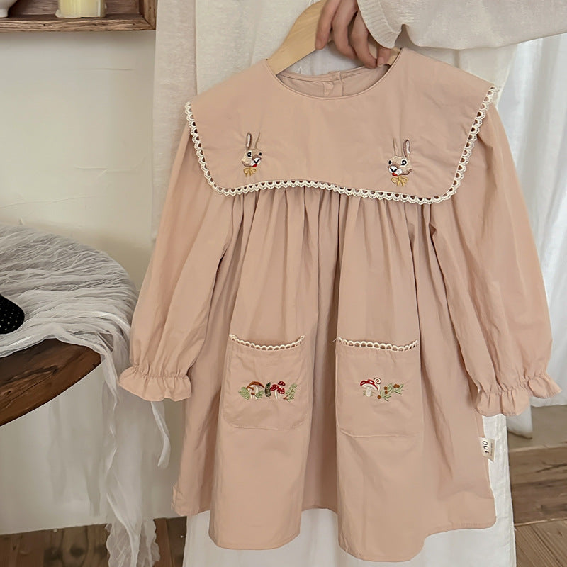 Design Autumn Girls Rabbits and Mushrooms Embroidery Pattern Long Sleeves Pocketed Dress