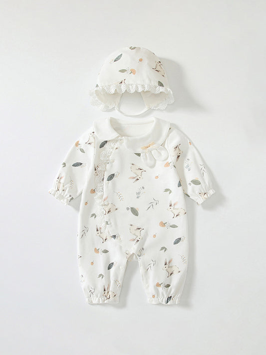 Spring New Arrival Baby Girls Flowers and Rabbits Pattern Romper with Cute Collar