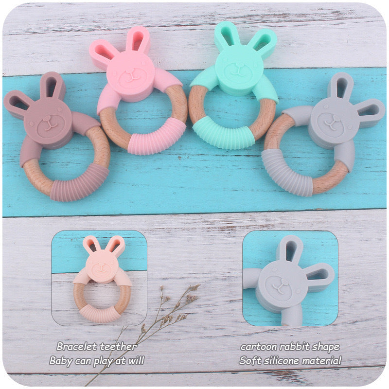 Baby Food-Grade Teething Rattle, Teething Aid for Babies, Wooden and Silicone Rabbit Teething Bracelet