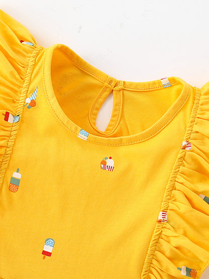 Summer New Arrival Baby Kids Girls Sleeveless Ice-Cream Pattern Crew Neck Yellow Dress