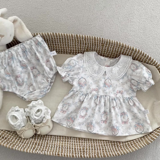 Summer Baby Kids Girls Floral Pattern Short Sleeves Dress and Bloomers Clothing Set