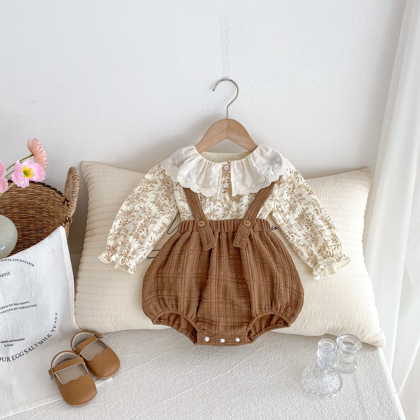 Autumn New Arrival Baby Kids Girls Flowers Pattern Long Sleeves Top and Brown Overalls Strap Onesies Casual Outfits Clothing Set