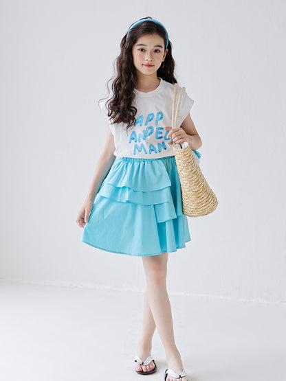 Summer Hot Selling Girls Letters Pattern Sleeveless T-Shirt And Solid Color Pleated Skirts Clothing Set