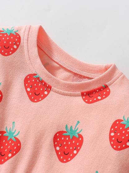 Arrival Autumn Girls Long Sleeves Cartoon Strawberry Fruits Pattern Crew Neck Dress