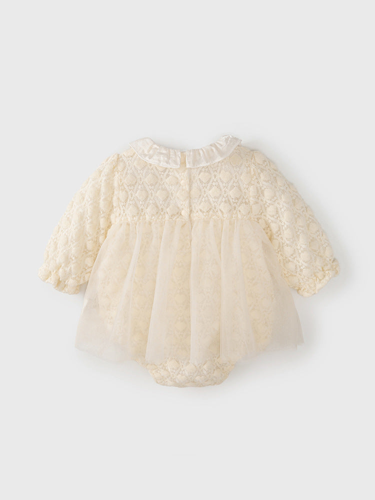 Vestido de tul de otoño con diseño nuevo para niñas pequeñas, mono de manga larga con estampado geométrico y de corazones en color beige, con cuello princesa y sombrero 