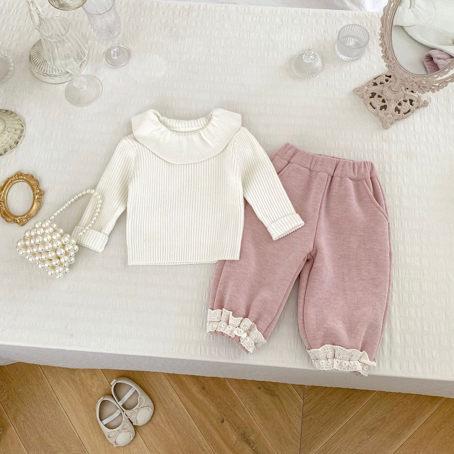 Autumn Hot Selling Baby Girls Long Sleeves Simple Plain Knitted Top and Thick Trousers