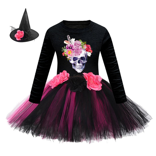 Disfraz de Halloween para niñas recién llegadas: vestido de tul con estampado de dibujos animados de brujas y mangas largas para fiesta de cosplay con conjunto de sombrero 