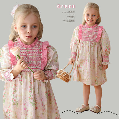 Vestido con cuello con volantes y mangas largas abullonadas con diseño floral a la moda para niñas de otoño