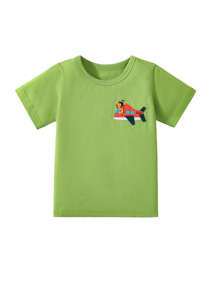 Boys Kids’ Air Plane Cartoon Embroidered T-shirt in European and American Style for Summer