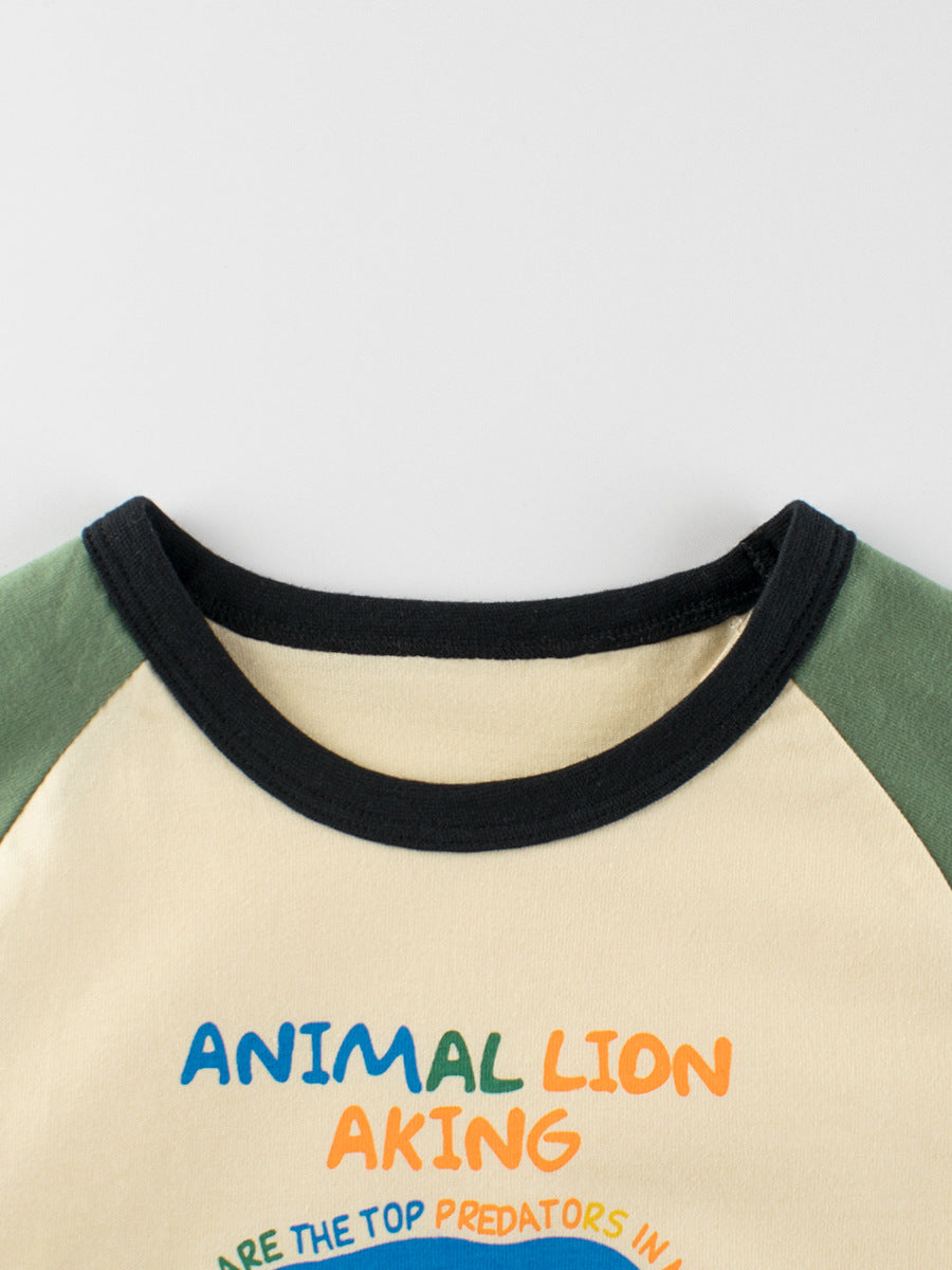 Autumn Baby Boys Letters and Lion Print Color Patchwork Long Sleeves Crew Neck Base Top Shirt